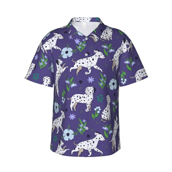 Uemuo Cute Dog Printed Regular Fit Short Sleeve Casual Hawaiian Shirt for Men,Aloha shirt,Tropical shirt,Floral print shirt,Vacation Beach shirt-Large