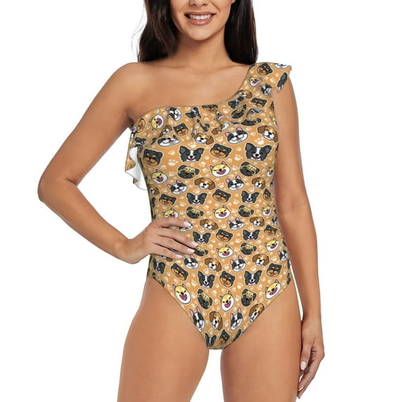 Uemuo Cute Dogs Head Print Women's One Piece Swimsuit Asymmetrical Neck Bathing Suit One Shoulder Side Cutout Ruffle Swimwear-XX-Large