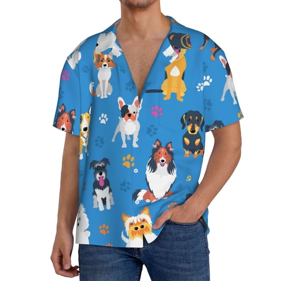 Uemuo Cute Dogs Pattern Cotton Linen Short Sleeve Shirts,Casual Lightweight Button Down Shirts,Vacation Beach Summer Tops-Small