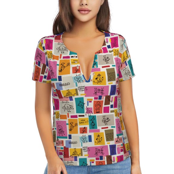 Uemuo Cute Doodles Drawing Women's Deep V-Neck Low Cut Tops - Casual Loose Fit with Stainless Steel Loop, Soft, Breathable, Perfect for Office, Travel, and Daily Wear-XX-Large