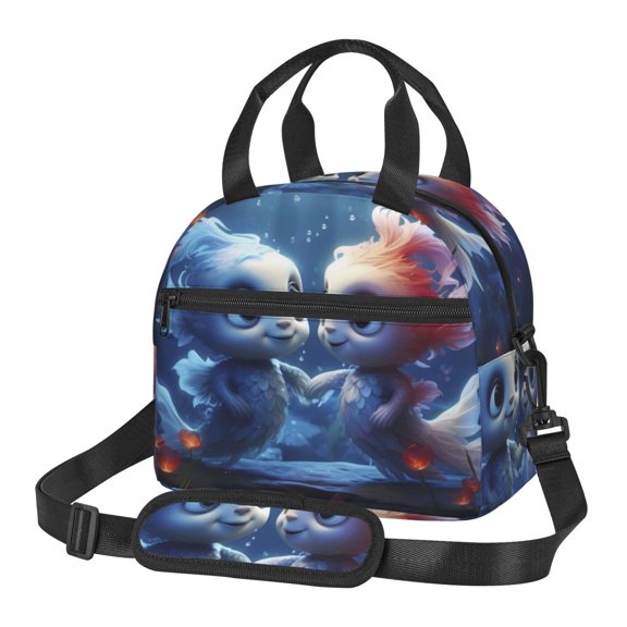 Uemuo Cute Fish Flower Couple Printed Lunch Bag Lunch Box Reusable Insulated Lunch Tote Bag, Leakproof Thermal Cooler Sack Food Handbags Case High Capacity