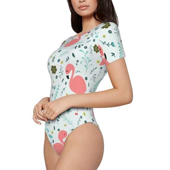 Uemuo Cute Flamingo Pattern Women's One Piece Short Sleeve Swimsuit Rash Guard Surfing Modest Quick-drying Swimsuit Beach Essentials-Small