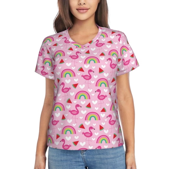 Uemuo Cute Flamingo Printed Women's Classic V-Neck T-Shirt - Soft, Breathable, Moisture-Wicking, Perfect for Casual, Office, Travel, and Everyday Wear-XX-Large