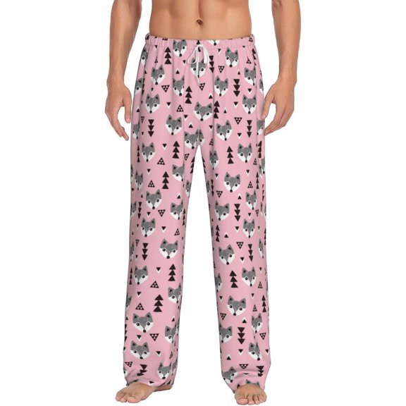 Uemuo Cute Fox Pink Tree Pattern Men's Wide Leg Palazzo Lounge Pants with Pockets Light Weight Loose Comfy Casual Pajama Pants-Large