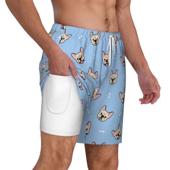 Uemuo Cute French Bulldog Pattern Mens Swim Trunks Quick Dry Board Shorts with Mesh Lining, Stretch Beach Shorts Quick Dry No-Chafing Board Shorts-X-Large