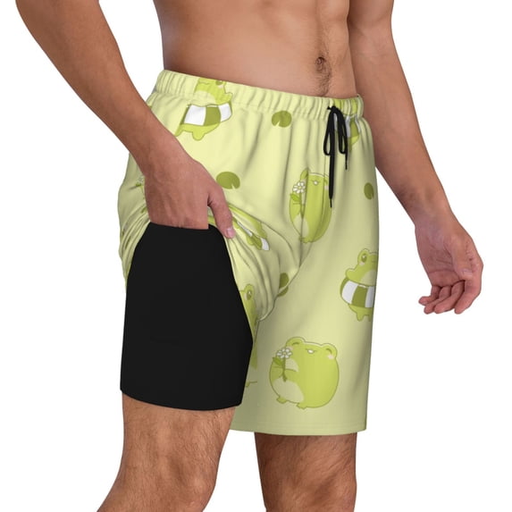 Uemuo Cute Frog3 Pattern Mens Swim Trunks Quick Dry Board Shorts with Mesh Lining, Stretch Beach Shorts Quick Dry No-Chafing Board Shorts-
