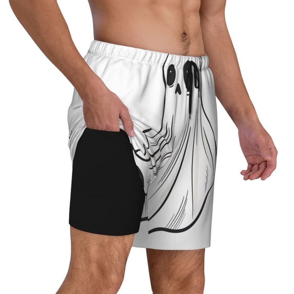 Uemuo Cute Ghost Simple Drawing Pattern Mens Swim Trunks Quick Dry Board Shorts with Mesh Lining, Stretch Beach Shorts Quick Dry No-Chafing Board Shorts-Large