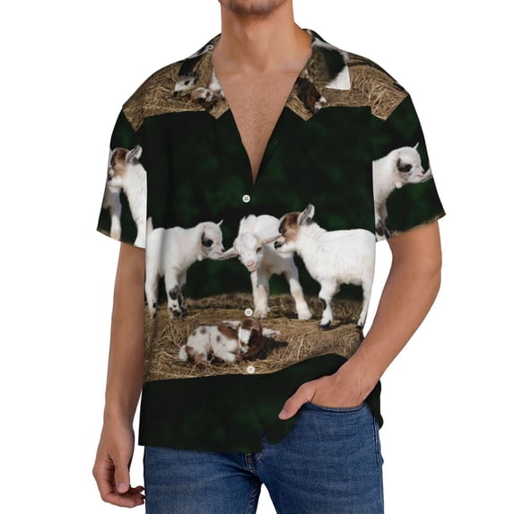 Uemuo Cute Goat Baby Pattern Cotton Linen Short Sleeve Shirts,Casual Lightweight Button Down Shirts,Vacation Beach Summer Tops-X-Large