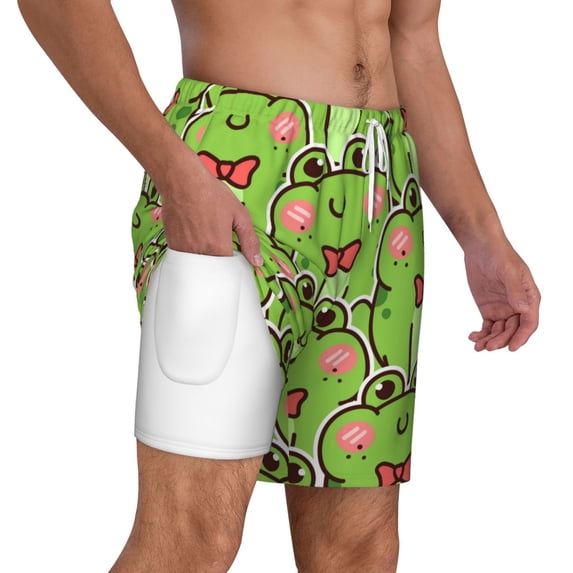 Uemuo Cute Green Frog Pattern Mens Swim Trunks Quick Dry Board Shorts with Mesh Lining, Stretch Beach Shorts Quick Dry No-Chafing Board Shorts-Large