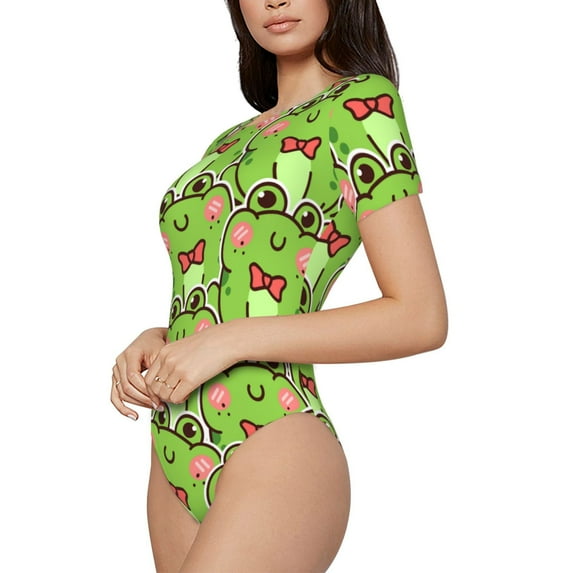 Uemuo Cute Green Frog Pattern Women's One Piece Short Sleeve Swimsuit Rash Guard Surfing Modest Quick-drying Swimsuit Beach Essentials-