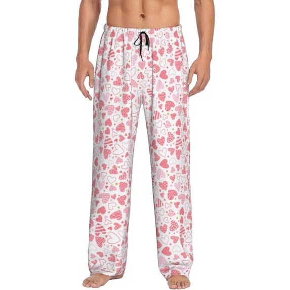 Uemuo Cute Hand Drawn Hearts Pattern Men's Wide Leg Palazzo Lounge Pants with Pockets Light Weight Loose Comfy Casual Pajama Pants-