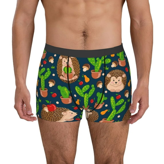 Uemuo Cute Hedgehogs Cactus Blue Pattern Men's Boxer Briefs,Trunk Anti-Chafing,Comfortable, Durable, and Stylish Underwear-XX-Large
