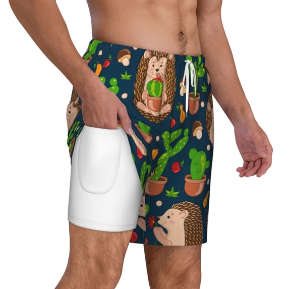 Uemuo Cute Hedgehogs Cactus Blue Pattern Mens Swim Trunks Quick Dry Board Shorts with Mesh Lining, Stretch Beach Shorts Quick Dry No-Chafing Board Shorts-Medium