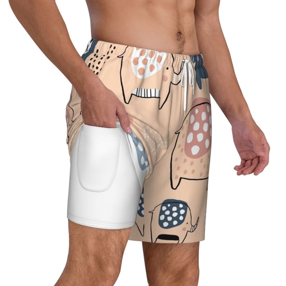 Uemuo Cute Ink Drawn Elephants Pattern Mens Swim Trunks Quick Dry Board Shorts with Mesh Lining, Stretch Beach Shorts Quick Dry No-Chafing Board Shorts-3X-Large