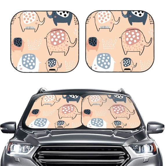 Uemuo Cute Ink Drawn Elephants Printed 2 PCS Car Windshield Sun Shade, Auto Sun Heat and UV Rays Blocker, Foldable Automotive Front Window Sunshade Protector