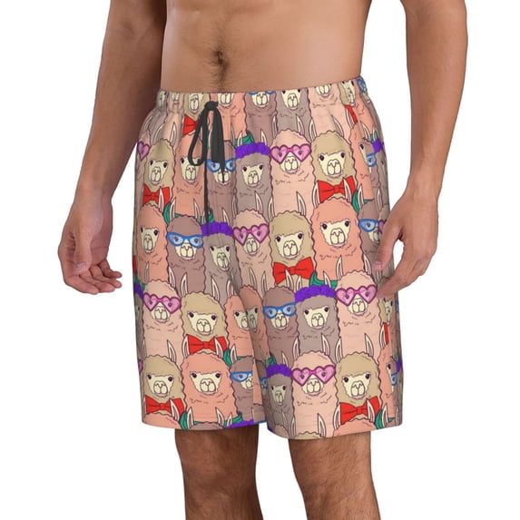 Uemuo Cute Lamas Pattern Men's Swim Trunks Hawaiian Beach Bathing Suit Swimsuits Beach Quick-Dry Shorts with Pockets-Small