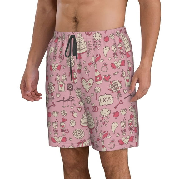 Uemuo Cute Love Pattern Men's Swim Trunks Hawaiian Beach Bathing Suit Swimsuits Beach Quick-Dry Shorts with Pockets-Medium