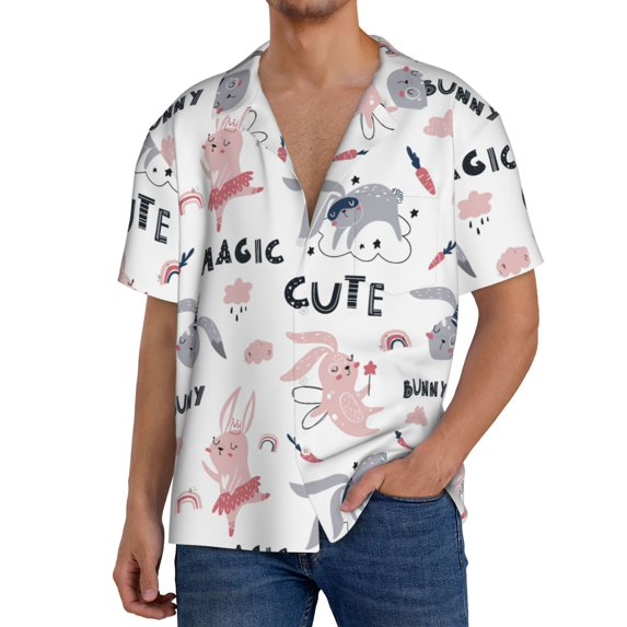 Uemuo Cute Magic Bunny Pattern Cotton Linen Short Sleeve Shirts,Casual Lightweight Button Down Shirts,Vacation Beach Summer Tops-3X-Large