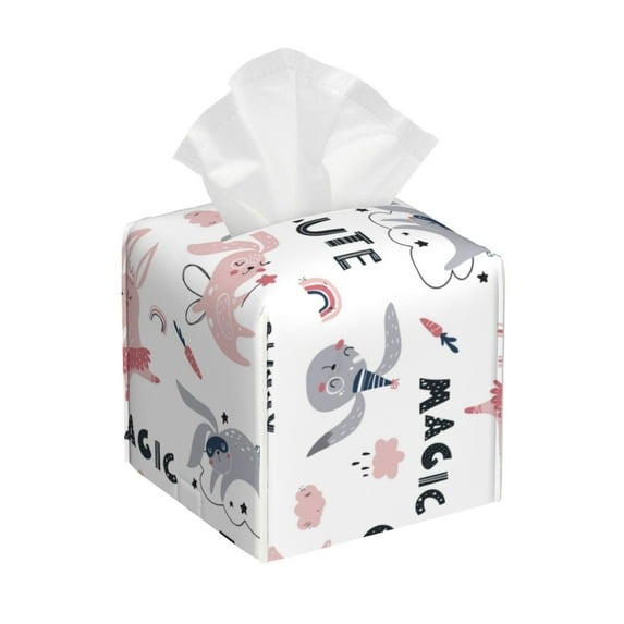 Uemuo Cute Magic Bunny Tissue Box Cover Holder, Square with Bottom Belt - PVC Leather Decorative Organizer for Tabletop, Bathroom, Car, Office