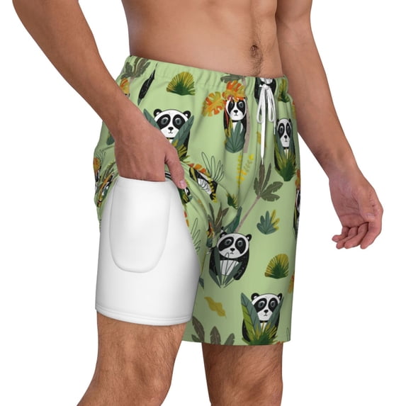 Uemuo Cute Panda Bear In Greenery Forest Pattern Mens Swim Trunks Quick Dry Board Shorts with Mesh Lining, Stretch Beach Shorts Quick Dry No-Chafing Board Shorts-Small