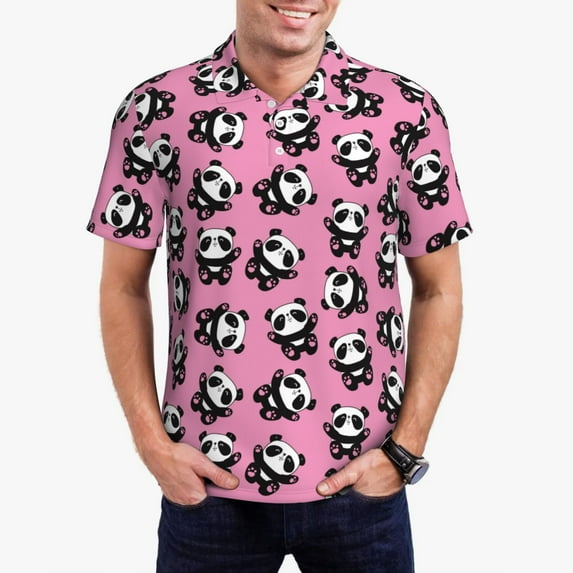 Uemuo Cute Panda for Men’s Golf Shirt – Premium Pique Cotton Polo, Soft & Breathable Casual Short Sleeve Shirt, Comfortable Activewear for Sports & Leisure-Small