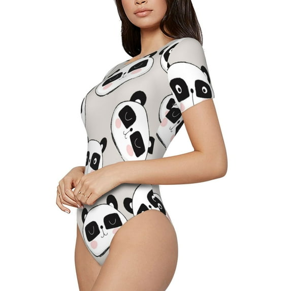 Uemuo Cute Panda Pattern Women's One Piece Short Sleeve Swimsuit Rash Guard Surfing Modest Quick-drying Swimsuit Beach Essentials-Large