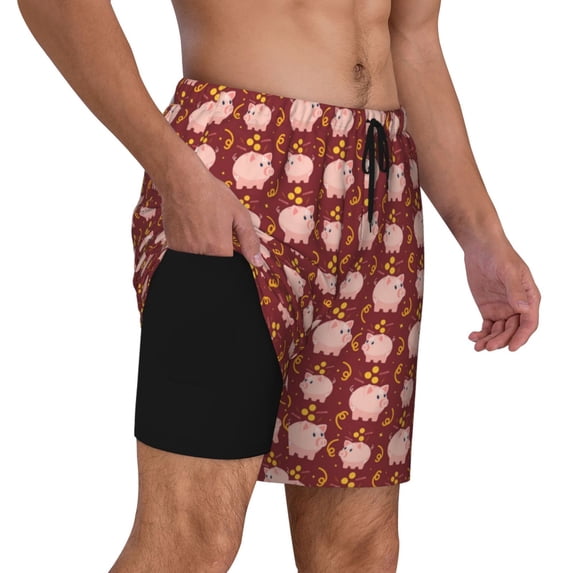 Uemuo Cute Pig with Coins Pattern Mens Swim Trunks Quick Dry Board Shorts with Mesh Lining, Stretch Beach Shorts Quick Dry No-Chafing Board Shorts-Large