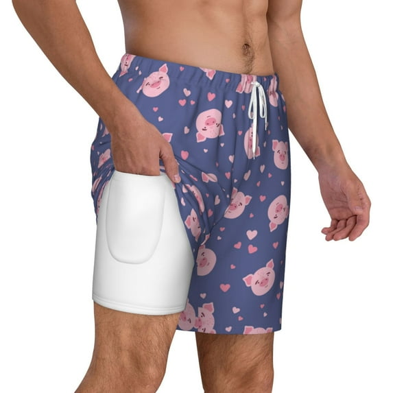 Uemuo Cute Pig Pattern Mens Swim Trunks Quick Dry Board Shorts with Mesh Lining, Stretch Beach Shorts Quick Dry No-Chafing Board Shorts-Large