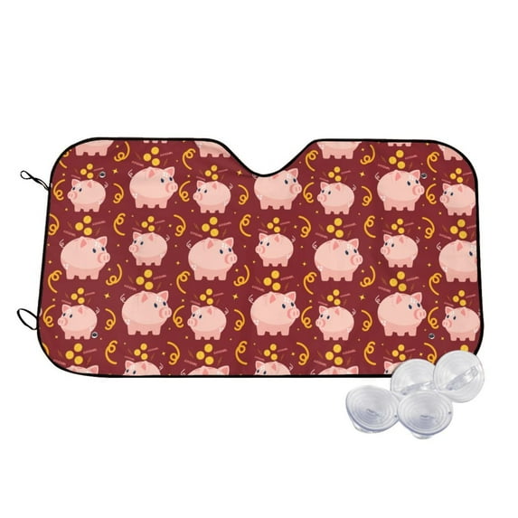 Uemuo Cute Pig with Coins Pattern Accordion Car Windshield Sun Shade, Foldable Reflective Sun Visor for Car, Reflector Windshield Sunshade-