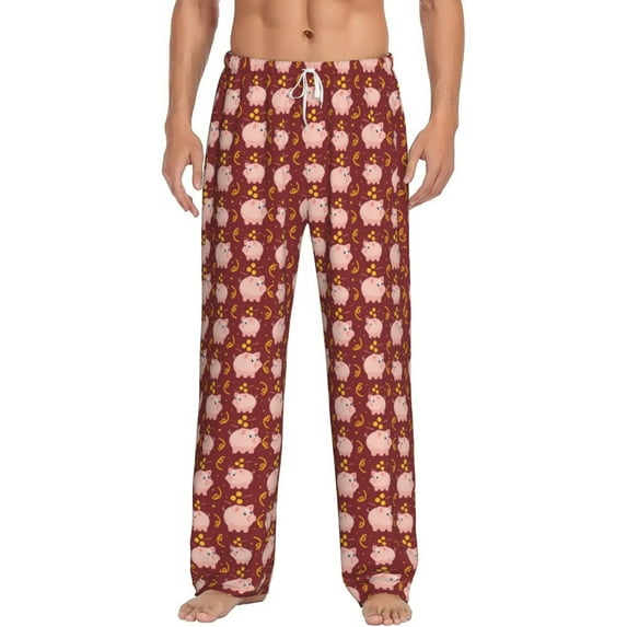 Uemuo Cute Pig with Coins Pattern Men's Wide Leg Palazzo Lounge Pants with Pockets Light Weight Loose Comfy Casual Pajama Pants-X-Large