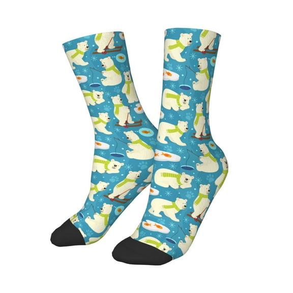 Uemuo Cute Polar Bear Fishing Printed Kids Boys Socks Seamless Crew Socks Crazy Funny Athletic Sport Socks for Children