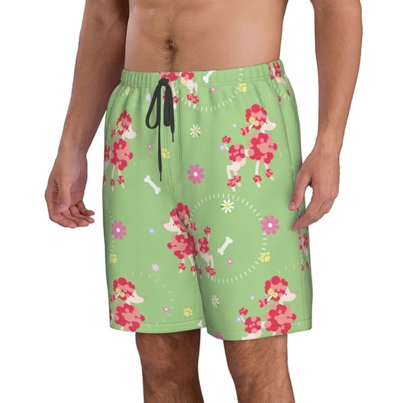 Uemuo Cute Poodle Dog Pattern Men's Swim Trunks Hawaiian Beach Bathing Suit Swimsuits Beach Quick-Dry Shorts with Pockets-Medium