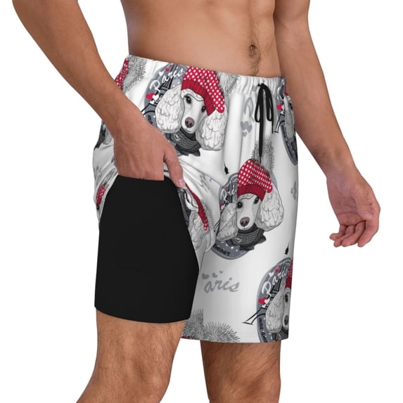 Uemuo Cute Poodle Dog Pattern Mens Swim Trunks Quick Dry Board Shorts with Mesh Lining, Stretch Beach Shorts Quick Dry No-Chafing Board Shorts-