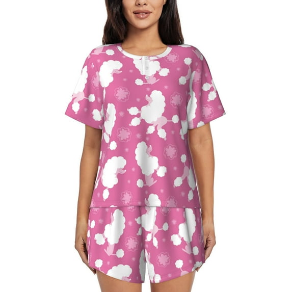 Uemuo Cute Poodle Dog Pattern Women's Short-Sleeved Pajama, Button-Front Loungewear, 2-Piece Summer Sleepwear, Elastic Drawstring Shorts-XX-Large