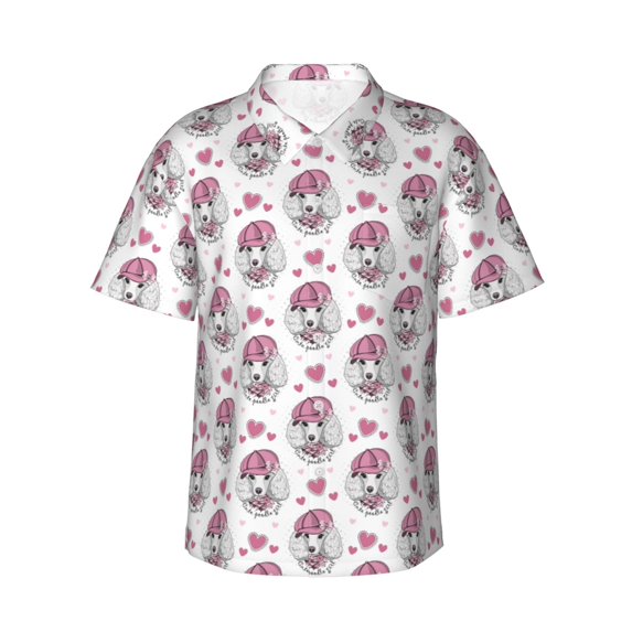 Uemuo Cute Poodle Dog Printed Regular Fit Short Sleeve Casual Hawaiian Shirt for Men,Aloha shirt,Tropical shirt,Floral print shirt,Vacation Beach shirt-Large