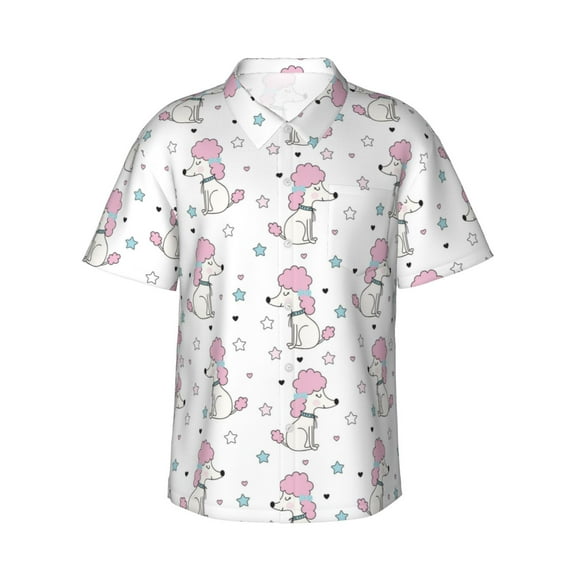 Uemuo Cute Poodle Dog Printed Regular Fit Short Sleeve Casual Hawaiian Shirt for Men,Aloha shirt,Tropical shirt,Floral print shirt,Vacation Beach shirt-Medium