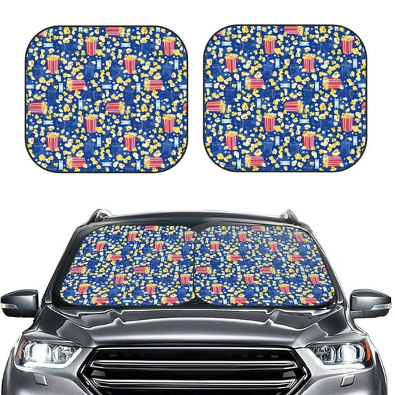 Uemuo Cute Popcorn Printed 2 PCS Car Windshield Sun Shade, Auto Sun Heat and UV Rays Blocker, Foldable Automotive Front Window Sunshade Protector