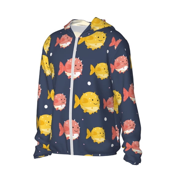 Uemuo Cute Puffer Fish Pattern Women's Full Zip UPF 50+ Sun Protection Hoodie Jacket Long Sleeve Sun Shirt Hiking Outdoor Performance with Pockets-Small
