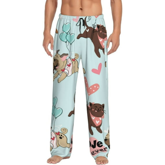 Uemuo Cute Pug Dogs Pattern Men's Wide Leg Palazzo Lounge Pants with Pockets Light Weight Loose Comfy Casual Pajama Pants-Medium