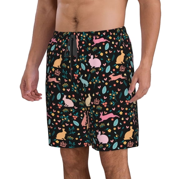 Uemuo Cute Rabbit And Flower Pattern Men's Swim Trunks Hawaiian Beach Bathing Suit Swimsuits Beach Quick-Dry Shorts with Pockets-X-Large