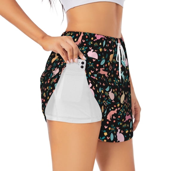 Uemuo Cute Rabbit And Flower Pattern Women's Athletic Shorts High Waisted Running Shorts with Liner Pockets Gym Elastic Workout Shorts-X-Large