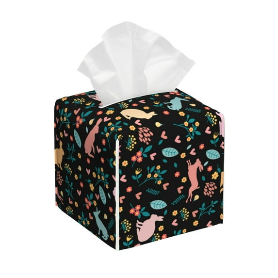 Uemuo Cute Rabbit And Flower Tissue Box Cover Holder, Square with Bottom Belt - PVC Leather Decorative Organizer for Tabletop, Bathroom, Car, Office
