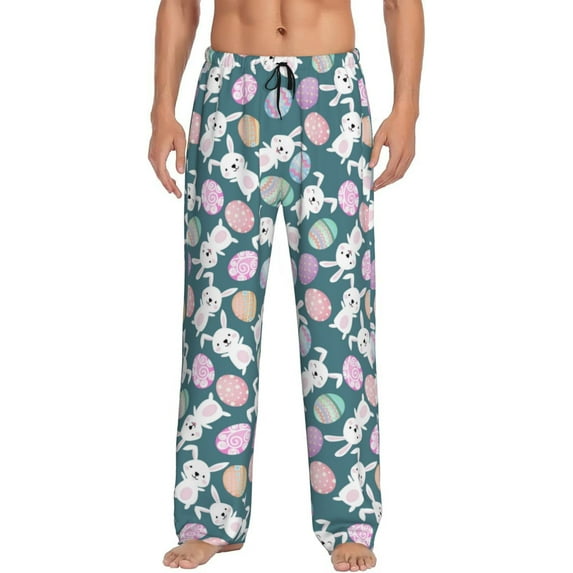 Uemuo Cute Rabbit Easter Pattern Men's Wide Leg Palazzo Lounge Pants with Pockets Light Weight Loose Comfy Casual Pajama Pants-Medium