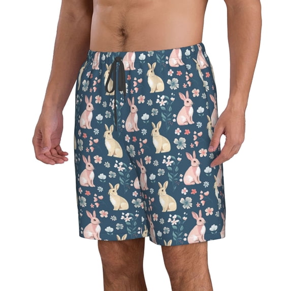 Uemuo Cute Rabbit Floral Pattern Men's Swim Trunks Hawaiian Beach Bathing Suit Swimsuits Beach Quick-Dry Shorts with Pockets-3X-Large