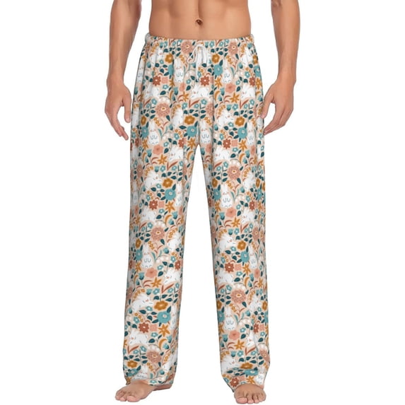 Uemuo Cute Rabbit Floral Pattern Men's Wide Leg Palazzo Lounge Pants with Pockets Light Weight Loose Comfy Casual Pajama Pants-Small
