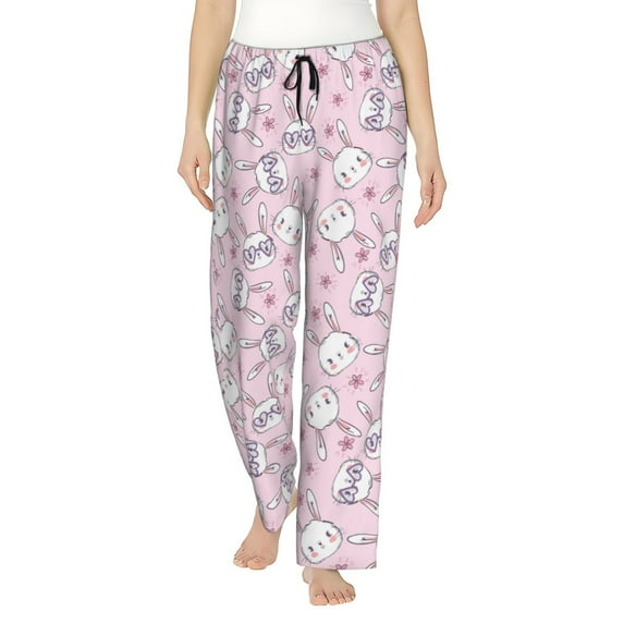 Uemuo Cute Rabbit Flower Pattern Women's Wide Leg Palazzo Lounge Pants with Pockets Light Weight Loose Comfy Casual Pajama Pants-XX-Large