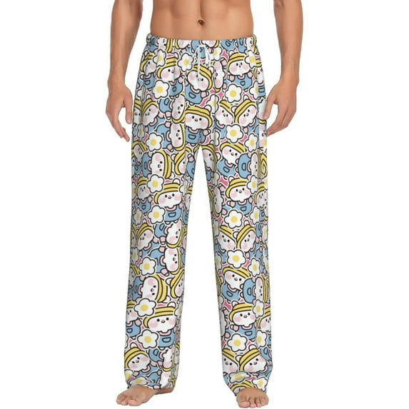 Uemuo Cute Rabbit Pattern Men's Wide Leg Palazzo Lounge Pants with Pockets Light Weight Loose Comfy Casual Pajama Pants-Large