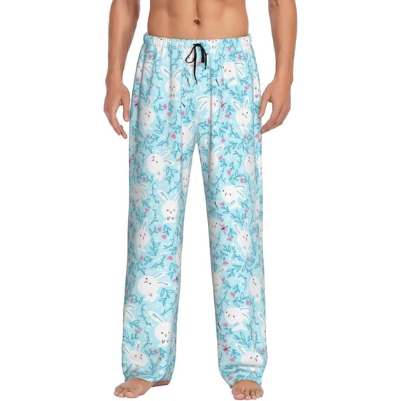 Uemuo Cute Rabbit Pattern Men's Wide Leg Palazzo Lounge Pants with Pockets Light Weight Loose Comfy Casual Pajama Pants-X-Large
