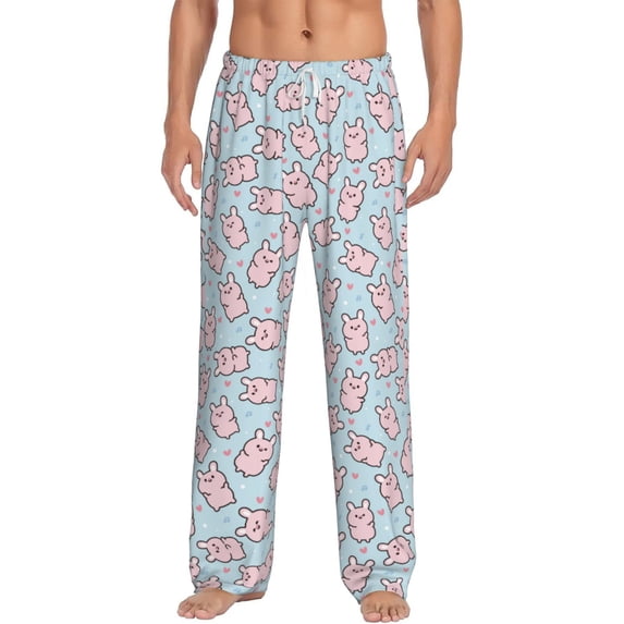 Uemuo Cute Rabbit Pattern Men's Wide Leg Palazzo Lounge Pants with Pockets Light Weight Loose Comfy Casual Pajama Pants-X-Large