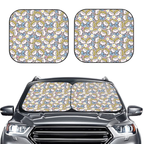 Uemuo Cute Rabbit Printed 2 PCS Car Windshield Sun Shade, Auto Sun Heat and UV Rays Blocker, Foldable Automotive Front Window Sunshade Protector